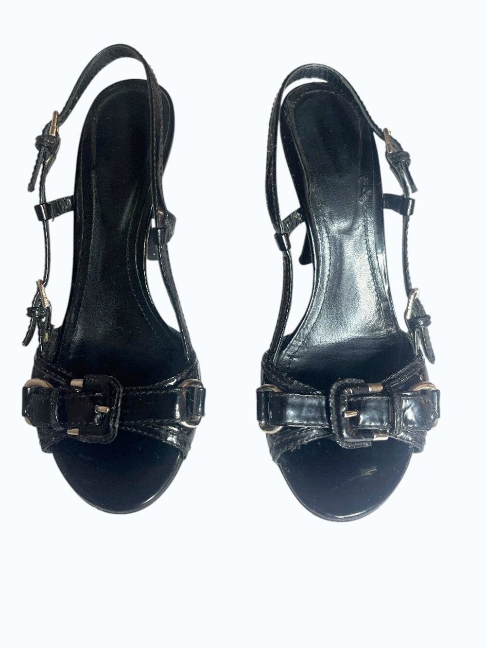 Burberry Black Patent Leather Buckle Slingback Stiletto Sandals Heels 37